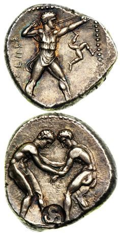 two ancient roman coins, one with an image of a man and woman on it