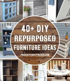 the words 40 diy repurposed furniture ideas are shown in four different pictures