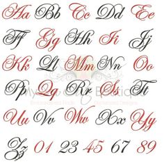 the upper and lowercase letters are in red, black, and white with different font styles