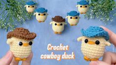 crochet cowboy duck finger puppets are shown in the shape of three little birds