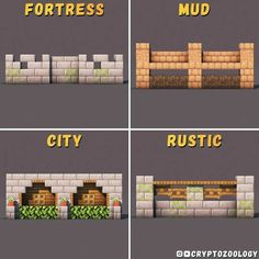 four different types of video games with the words fortress, mud, and rustic