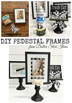 some pictures and other items that are on display with the words diy pedestal frames from dollar store items