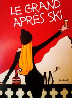 an advertisement for the grand apres ski resort in france, with a woman holding a drink