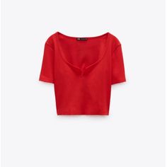 Red Cropped Ribbed T-Shirt From Zara With A Notch In The Neckline Fitted Red Cotton Tops, Red Stretch V-neck T-shirt, Trendy Zara V-neck Top, Zara Trendy V-neck Tops, Zara Ribbed Crew Neck Top, Trendy Stretch Tops From Zara, Red Ribbed Casual Top, Red Short Sleeve T-shirt By Zara, Zara Red Short Sleeve T-shirt