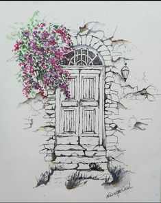 a drawing of a door with flowers growing out of it