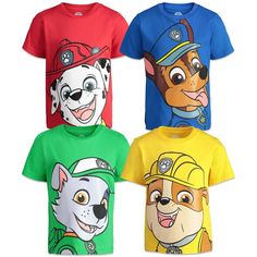 three children's t - shirts with cartoon dogs on them, all in different colors