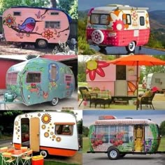 four different colored trailers with flowers and birds painted on the front, one has an awning