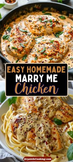 easy homemade mary me chicken recipe in a skillet with pasta and sauce on the side