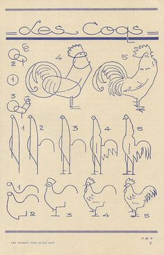 an old book with drawings of chickens and roosters