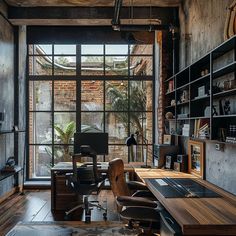 Curated Images for Small Business: Work From Home Brick Office Space, Art Studio Design Workspaces, Dark Office Ideas, Trading Room Design, Industrial Office Design, Work Office Decor, Office Pictures, Workspace Inspiration, Office Makeover