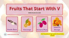 the fruits that start with v are labeled in red and yellow on a white plate