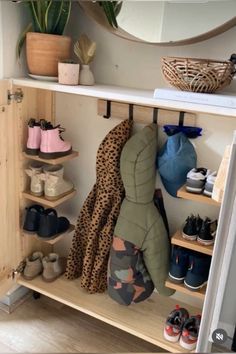 a shelf filled with shoes next to a potted plant and other items on top of it