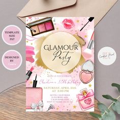 a pink and gold glamour party with lipstick, perfumes and makeup products on it