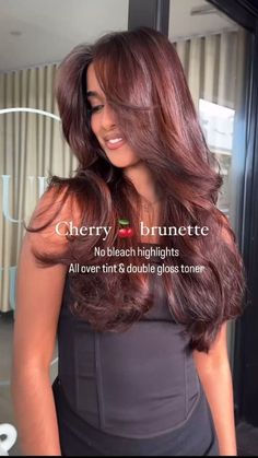 Hair Colour Red Brown, Medium Hair Color Ideas For Brunettes, Cherry Brown Red Hair, Red Hair For Green Eyes, Red Hair On Asian Women, Rosy Brown Hair, Cherry Chocolate Hair Color Brunettes, Dark Chocolate Cherry Brown Hair, Cherry Brown Hair Curly