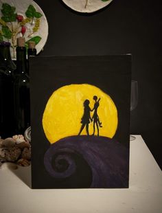 a painting of two people holding hands in front of a full moon