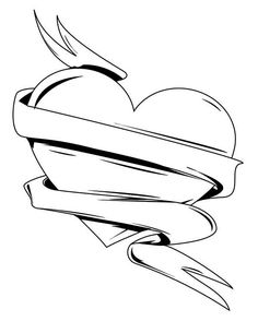 a heart with an arrow and ribbon on it, drawn by hand in black ink