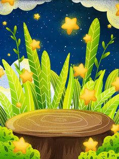 an illustration of a tree stump in the forest with stars above it and green plants