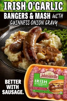 an advertisement for a sausage and mash dish