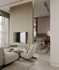 a modern living room with white furniture and large windows