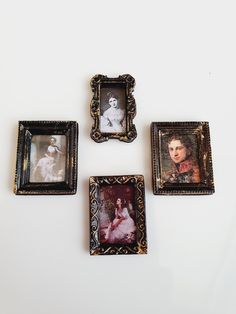 four old fashioned framed pictures on a white surface with one woman's face in the middle