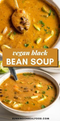 two bowls of vegan black bean soup with spoons in them and the title above it