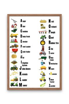 a poster with different types of trucks and tractors on it's sides, including the letter