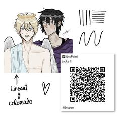 two anime characters are next to each other with qr code in front of them