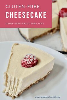 a slice of gluten - free cheesecake on a plate with the text overlay