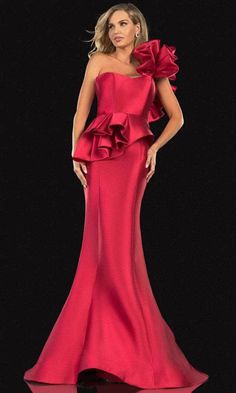 Terani Couture 2021E2809 - One Shoulder Peplum Evening Dress – Couture Candy Peplum Evening Dress, Red Formal Gown, Off Shoulder Cocktail Dress, Gala Gowns, Short Sheath Dress, Couture Evening Dress, Dress Couture, Long Sleeve Sheath Dress, Long Sleeve Fitted Dress