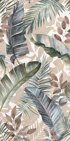 a wallpaper with tropical leaves and plants on the side, in neutral tones that appear to be painted