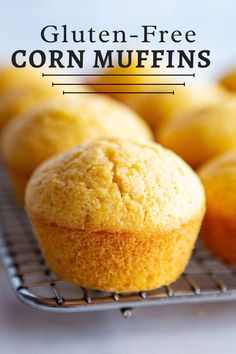 Gluten-free corn muffins on a wire rack. The text says, 'gluten-free corn muffins.' Gluten Free Corn Muffins Recipe, Corn Muffin Recipe, Gluten Free Cornbread Muffins, Gluten Free Corn Muffins, Mini Corn Muffins, Fluffy Cornbread, Gf Treats, Cornmeal Muffins, Corn Muffin