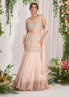 Nidhika Shekhar-Soft Pink Fish Cut Lehenga Set-INDIASPOPUP.COM Pink Georgette Lehenga, Tissue Dupatta, Stone Embroidery, Fusion Wear, Georgette Lehenga, Outfits Indian