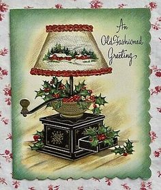 an old - fashioned christmas greeting with holly and mist on the lamp shade, surrounded by poinsettis