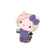 a hello kitty holding a cell phone in her right hand and wearing a purple outfit