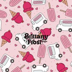 a pink background with ice cream and cars