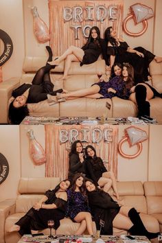 three women are posing on the couch in front of a sign that says bride to be