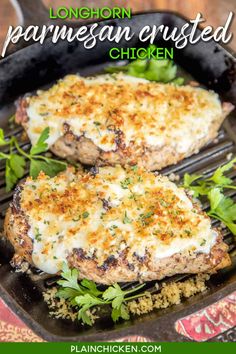 two pork chops with parmesan crusted chicken in a cast iron skillet