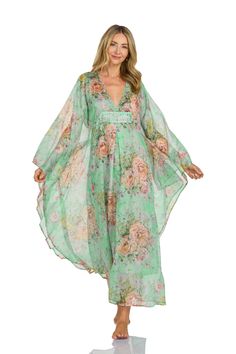 POSITANO KAFTAN WITH WAIST DETAIL Spring Silk V-neck Kaftan, Spring V-neck Free Size Kaftan, Fitted V-neck Kaftan For Vacation, Green Billowy Maxi Dress, Silk V-neck Spring Kaftan, Green V-neck Kaftan For Spring, Green Kaftan For Daywear In Spring, Dog Size Chart, Dress Up Shoes