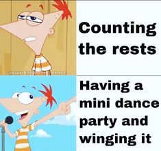 two cartoon pictures with the words counting the rests having a mini dance party and swinging it