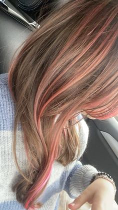 Light Brown Pink Highlights, Blond With Pink Streaks, Dyed Hair For Dirty Blonde, Pink Hair Dye Ideas Brunettes, Light Brown Hair With Pink Streaks, Brunette Hair Pink Highlights, Pink Highlights In Brown Hair Straight, Blond And Pink Highlights, Light Brown Hair With Color