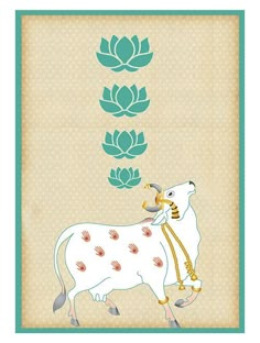 an animal that is standing in front of a lotus flower on a beige and green background