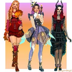 three women dressed up in halloween costumes and holding pumpkins are standing side by side