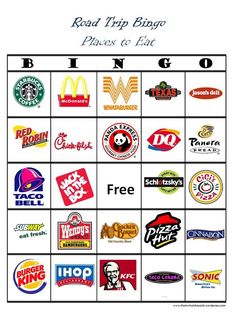 the road trip bingo game has many different logos on it, including pizzas and hot dogs