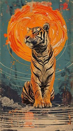 a painting of a tiger sitting in front of an orange sun