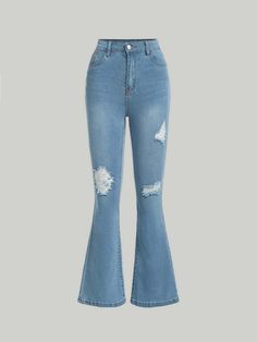 Jean bleu  Collar  Jean Unicolore Pattes d'éléphant Embellished Élasticité moyenne Ripped Jeans Flare, Flare Jeans Kids, Cute Flare Jeans, Cute Ripped Jeans, Teen Jeans, Flare Jeans Outfit, Jeans For Girls, Jeans Flared, Flair Jeans