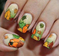 Fox Nail Designs, November Nail Art, November Nail, Fall Thanksgiving Nails, Pumpkin Nail Art, Feather Nails, Thanksgiving Nail Designs, Thanksgiving Nail Art, Thanksgiving Nail