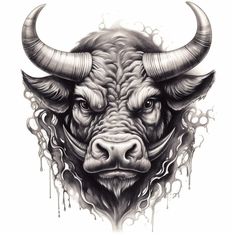 a bull's head with large horns is shown in black and white ink on paper