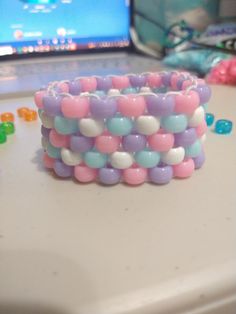 Pastel Kandi Bracelets, Pastel Bracelet Ideas, Kawaii Bracelet Ideas, Kandi Patterns Cuff, Pastel Kandi, Kandi Cuff Ideas, Kawaii Kandi, Kandi Jewelry, Kandi Inspiration