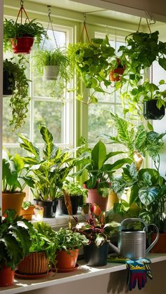 many potted plants on a window sill