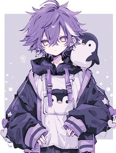 an anime character with purple hair holding a penguin